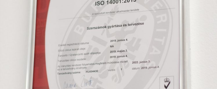 ISO 14001 : 2015 Tanusítvány